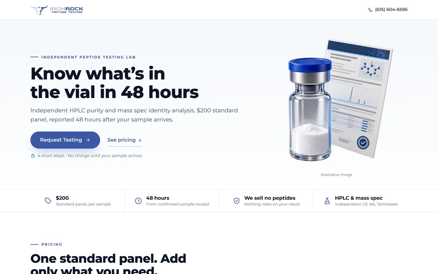 Landing page for an independent peptide testing lab with pricing and a request form